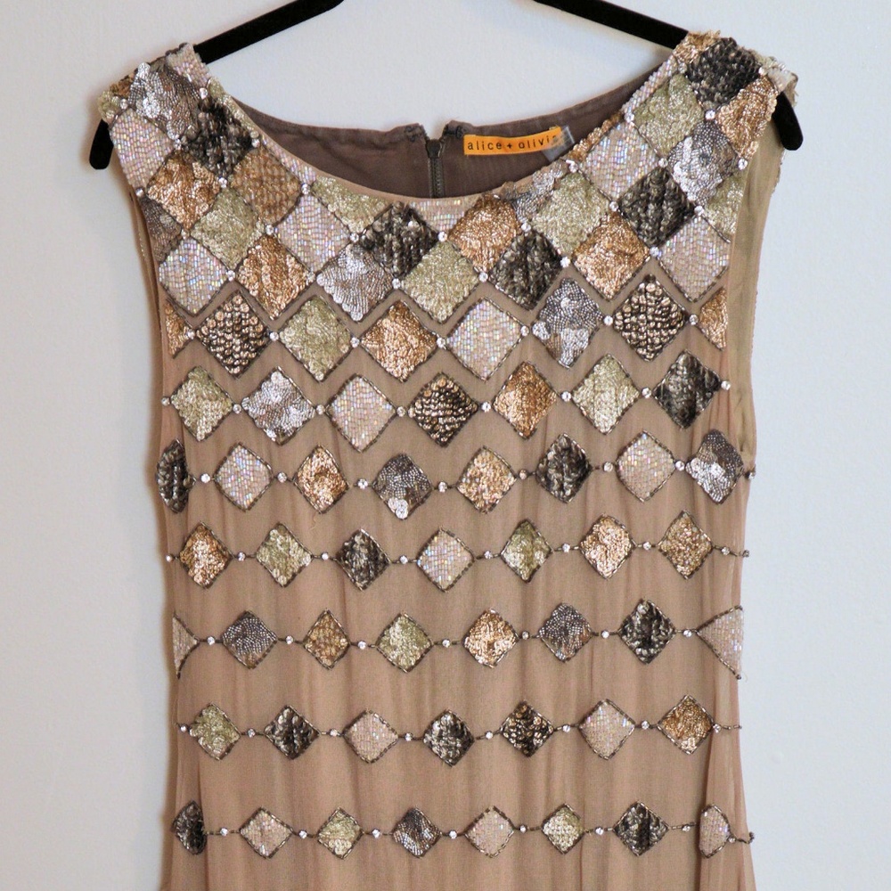 Alice & Oliva Taupe Silk Sequin Dress - Picture 1 of 10